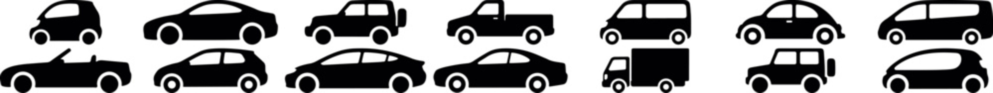 car vehicle vector icons isolated transparent background, automobile transport silhouette symbol collection editable design, traffic car icon set for graphic projects