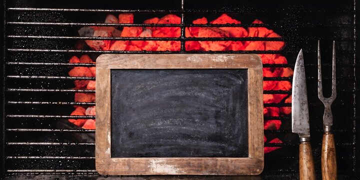Chalkboard Frame on Barbecue Grill with Glowing Charcoal Representing Cooking Menu and Rustic Food Concept