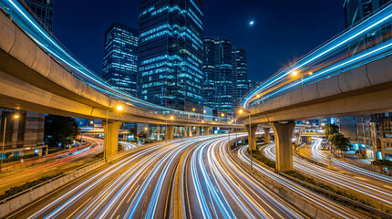 Expansive urban highway system at night with striking blue light trails, towering skyscrapers, and a crescent moon. © Jacqueline