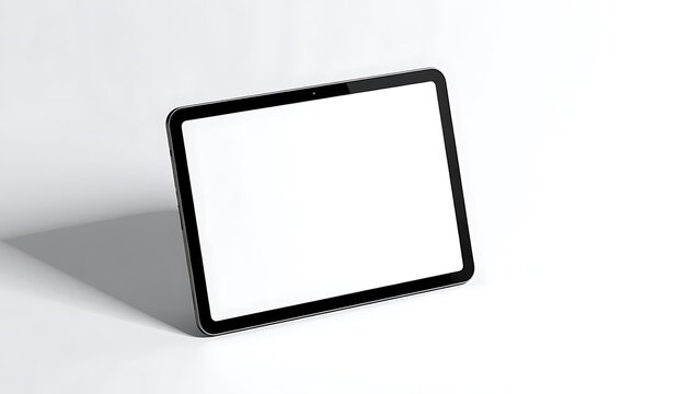 Isolated modern tablet device with blank white screen angled on a clean white surface, casting a soft shadow, ready for digital display and application mockups.