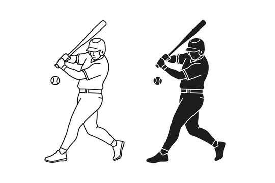 Baseball player icon set with outline and silhouette batter hitting ball, white background