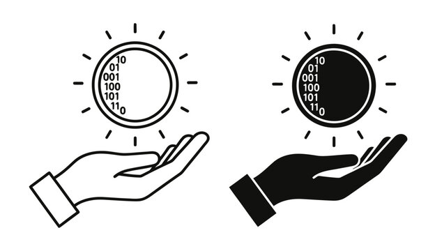 Digital data hand icon set with binary code sun, outline and solid style, white background