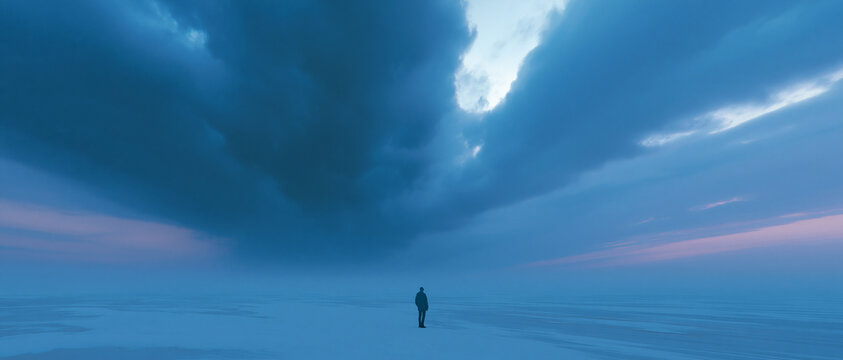 Tiny Human Figure on Vast Frozen Beach with Stormy Clouds, Dramatic Wide-Angle Cinematic Scale and Cold Desaturated Tones