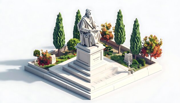 Isometric voxel diorama of a statue in a park setting with trees and bushes, creative historical monument representation