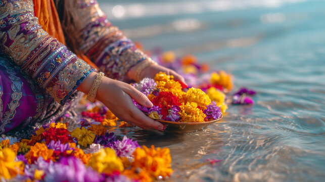 Celebrating Ganga Dussehra with vibrant flower offerings on the riverbank