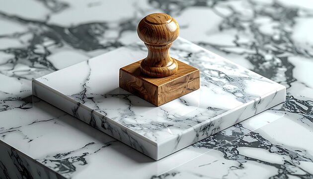 Isolated wooden stamp on a polished marble surface, official seal concept, document authentication, rubber stamp element, classic design