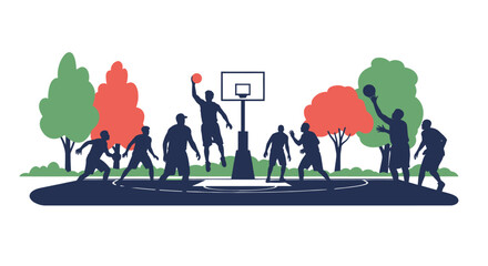 Silhouette of people playing basketball on an outdoor court in a park © Ngerdo