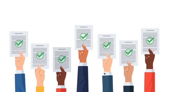Diverse hands holding up documents with green checkmarks, symbolizing approval and agreement.