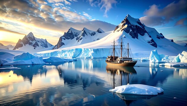 Majestic sailing ship navigates calm Antarctic waters surrounded by icebergs and snow-capped mountains under a dramatic golden sunset sky, exploration and adventure