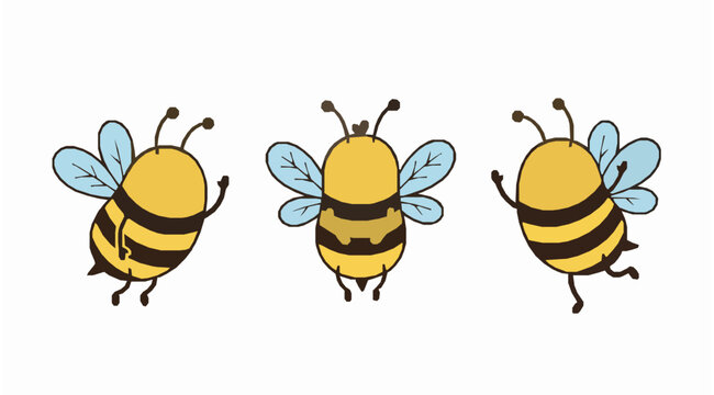 Three cute cartoon bee doodles hand drawn vector character illustration set
