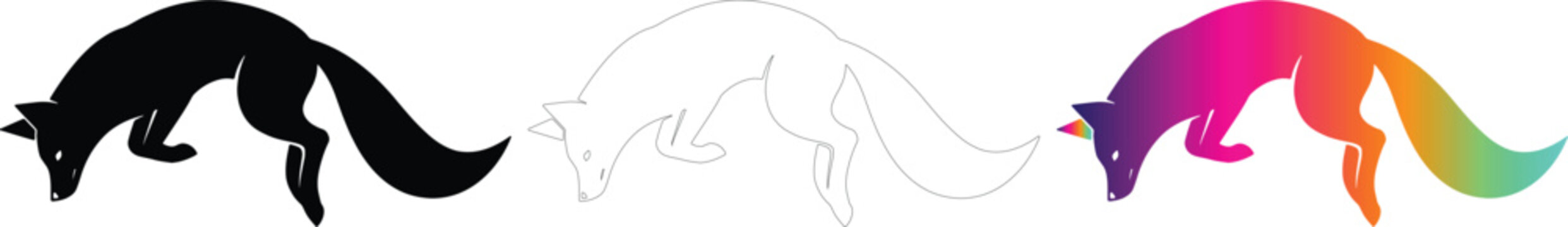 Minimalist Pouncing Fox Vector Set, Black Silhouette, Line Art, and Rainbow Gradient Logo
