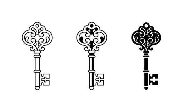 Ornate Antique Keys Collection, Vintage Skeleton Key Icons, Decorative Old Key Vector Set, Black and White Classic Key Graphics