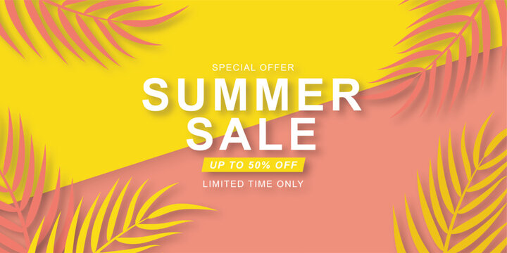 Summer Sale: Bright, eye-catching summer sale banner, featuring the phrase Summer Sale with palm leaves, against a backdrop of vibrant colors like yellow and coral.