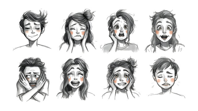 Emotional Spectrum: A collection of expressive faces captures a diverse range of human emotions, rendered in a delicate sketch style.