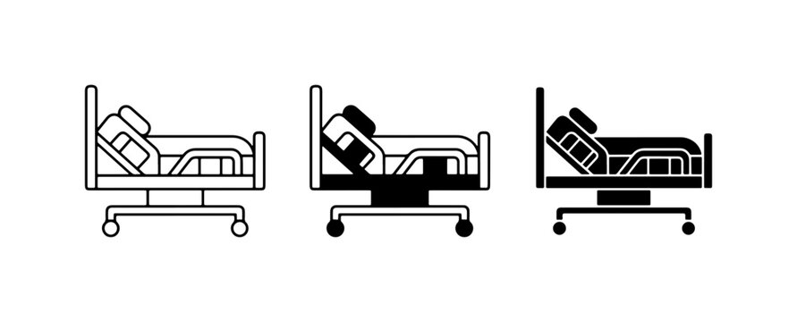 Hospital Bed Icons, Medical Care Equipment, Adjustable Patient Cots, Healthcare Furniture Vector Set