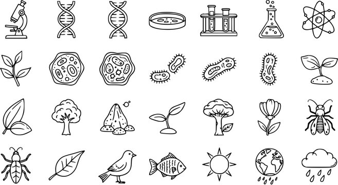 Biology science icons: microscope, DNA, petri dish, test tubes, atom, plant, bacteria, tree, flower, insect, bird, fish, sun, earth, rain cloud