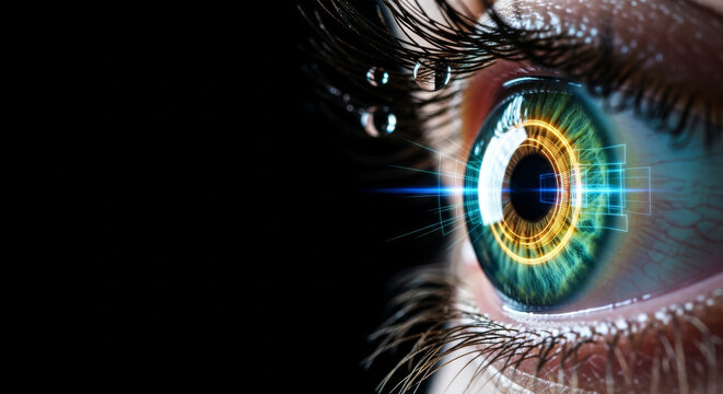 Eye vision ophthalmology diagnostics retina laser correction technology medicine future concept in macro iris scan with digital