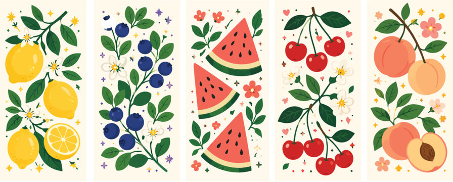 Retro Botanical Fruit Illustration & Summer Bookmark Set
