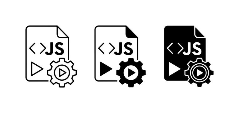 JavaScript File Icons: Play Button, Gear Settings, Code Snippet, Vector Graphics for Web Development and Programming