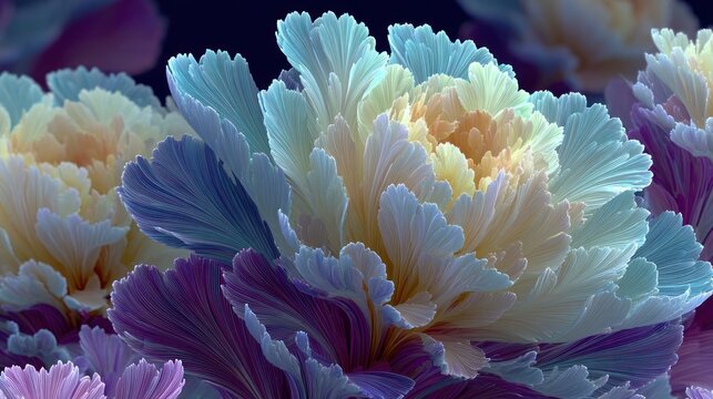 Close up of ornamental cabbage flowers with textured petals and vibrant colors