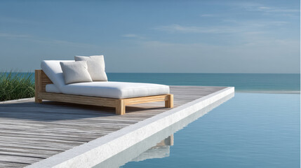 Fototapeta premium Minimalist outdoor lounge chair with white cushion beside infinity pool, ocean view, serene atmosphere, modern coastal design, sunny day