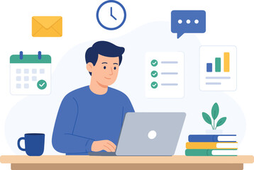 Fototapeta premium Productive Man Working on Laptop at Desk with Office Task Management Icons