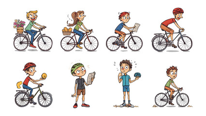 Obraz premium Bike Riders' Adventure: Capturing various moments of cycling, this illustration celebrates the joy of bicycle riding in everyday life.