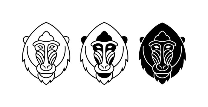 Baboon Head Icons, Minimalist Monkey Faces, African Primate Vector Graphics, Simple Animal Emblems