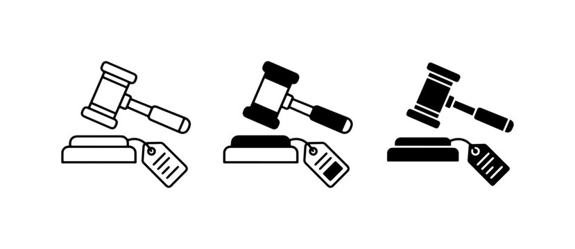 Auction Gavel Icons Set, Legal Hammer and Tag Graphics, Justice Symbol Vector Collection