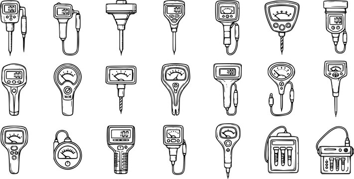 Hand-Drawn Line Art Collection of Soil Testers and Garden Meters. Set of Agriculture and Horticulture Measuring Devices for Plant pH, Moisture, and Light.