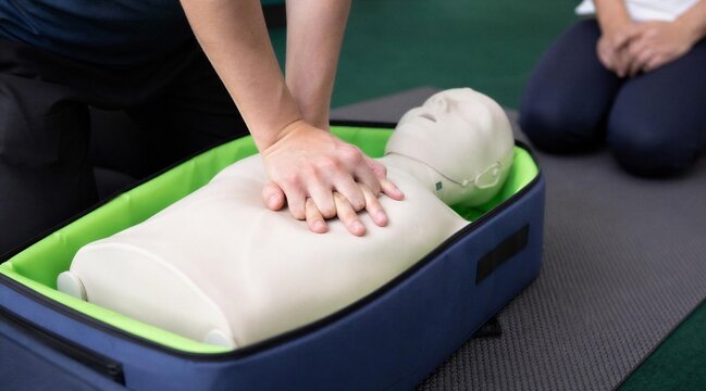 Hands Performing CPR Chest Compressions on Medical Training Manikin
