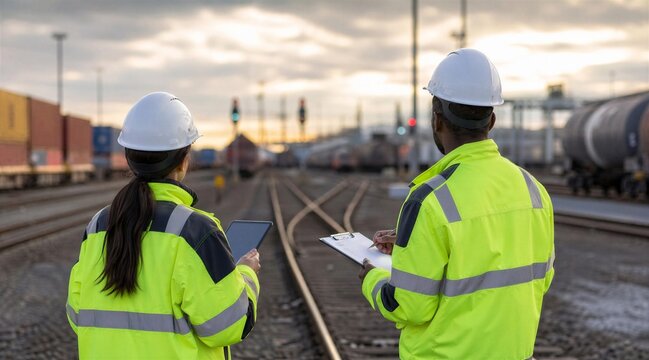Logistics workers managing freight operations in a shipping terminal