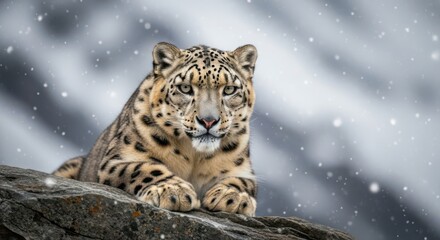 Fototapeta premium A powerful snow leopard with piercing eyes lying on a rock amidst falling snowflakes