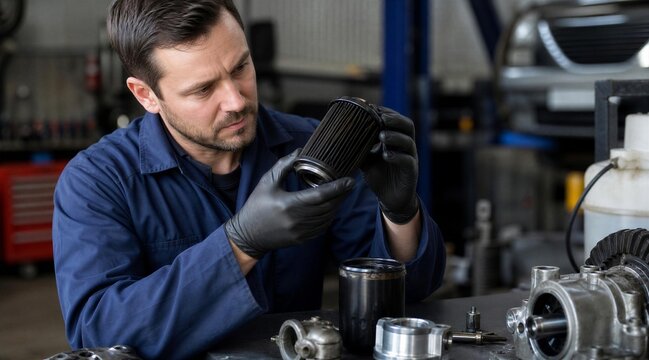 Mechanic Examining Used Oil Filter for Car Maintenance Service