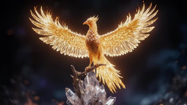 Majestic Fire Phoenix with Golden Feathers Regenerating on Crystal Branch in 4K Fantasy Scene