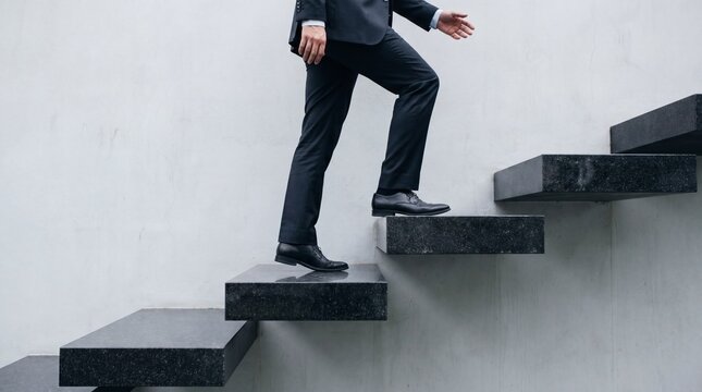 Businessman in a formal suit climbing up a modern concrete staircase, symbolizing career progress.