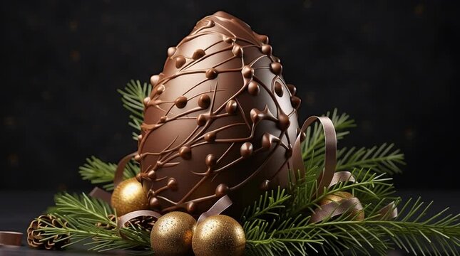 Dark Studio Still Life Featuring Chocolate Egg, Pine Branches and Golden Baubles