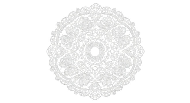 A white round lace doily with floral crochet details forming a decorative circular frame, on a transparent background for romantic, vintage, and wedding designs.
