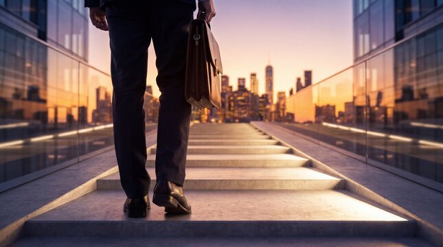 Professional businessman ascending sleek modern stairs with a briefcase towards a dynamic city skyline at dawn.