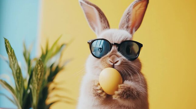 Cute Fashionable Bunny Holding an Egg with Sunglasses for Cheerful Spring Celebration Design