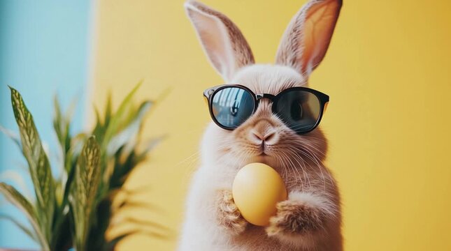 Funny Rabbit with Sunglasses and Yellow Easter Egg in Playful Spring Holiday Studio Scene