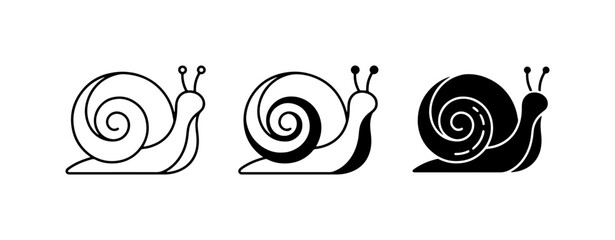Three Stylized Snail Icons, Simple Line Art, Silhouette, and Filled Vector Graphics for Nature and Slow Concepts © Sajib