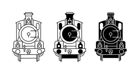 Vintage Steam Train Icons, Retro Locomotive Silhouettes, Classic Railway Engine Graphics, Set of 3 Black and White Vector Illustrations © Moniya