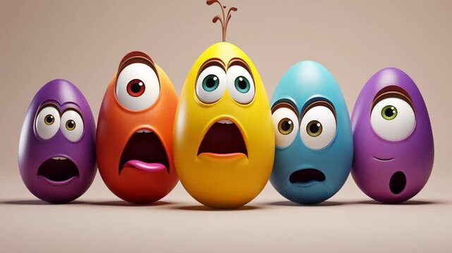 Colorful Egg Shaped Cartoon Characters Showing Surprised Expressions on Minimal Background