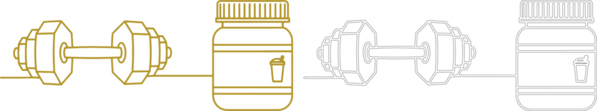 Gold and black line dumbbell and supplement bottle