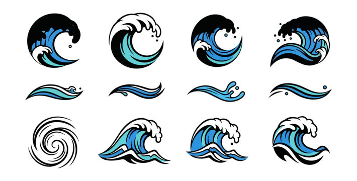 Stylized ocean wave icons set on black background