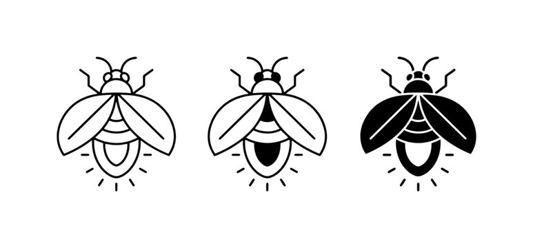 Firefly Icons Set, Glowing Insect Vector Graphics, Bioluminescent Bug Illustrations, Summer Night Nature Elements