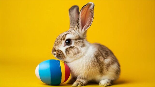 Playful Spring Rabbit Portrait with Multicolor Easter Egg and Bold Yellow Copy Space
