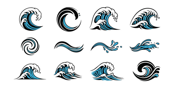 Stylized ocean wave illustrations on black backgrounds