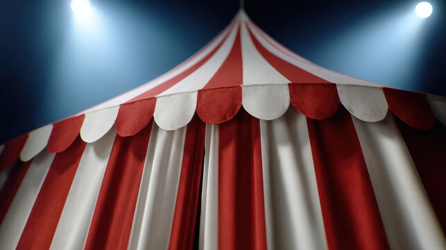 Red white circus tent fabric striped canopy dramatic lighting festive atmosphere velvet rim arena night event entertainment